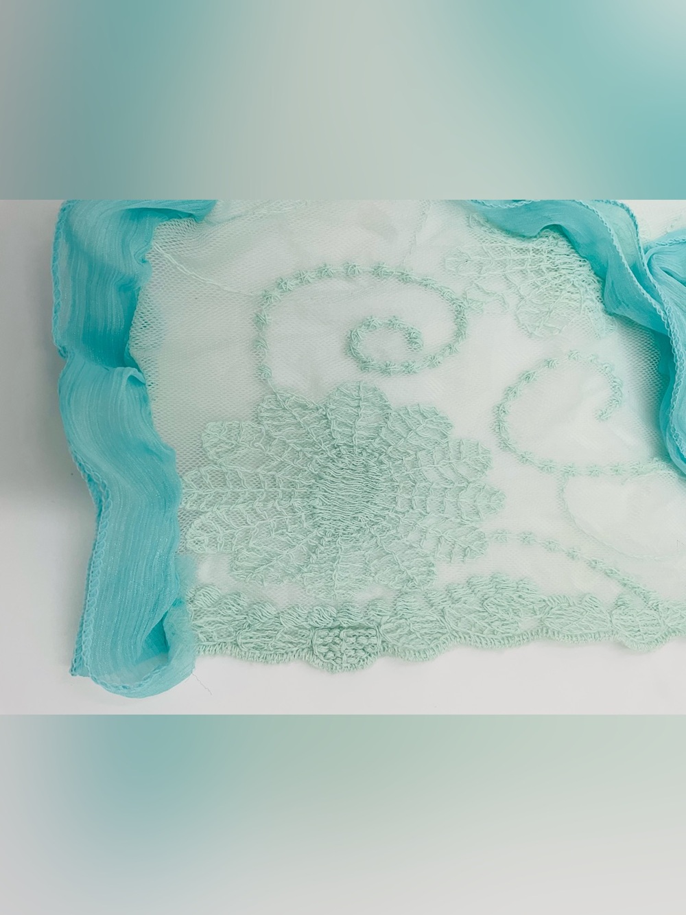 2 CHIC Light Aqua Floral Lace Scarf with Ribbon Rose Accent - Picture 4 of 7